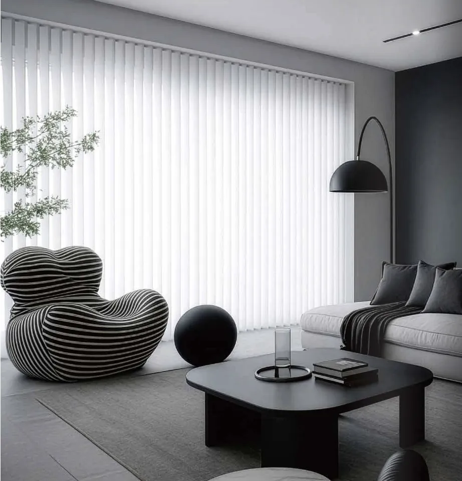 White vertical ARAD blinds across a living room window